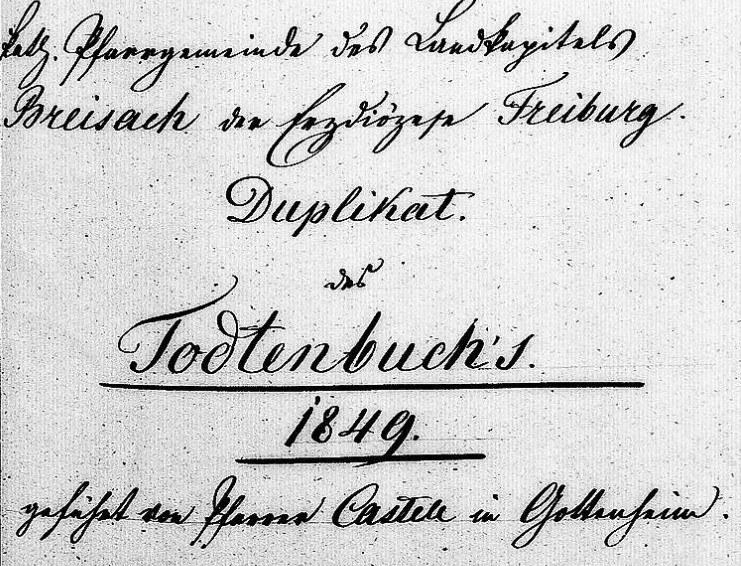 Standesbucheintrag 1849 von Pfarrer Castell
